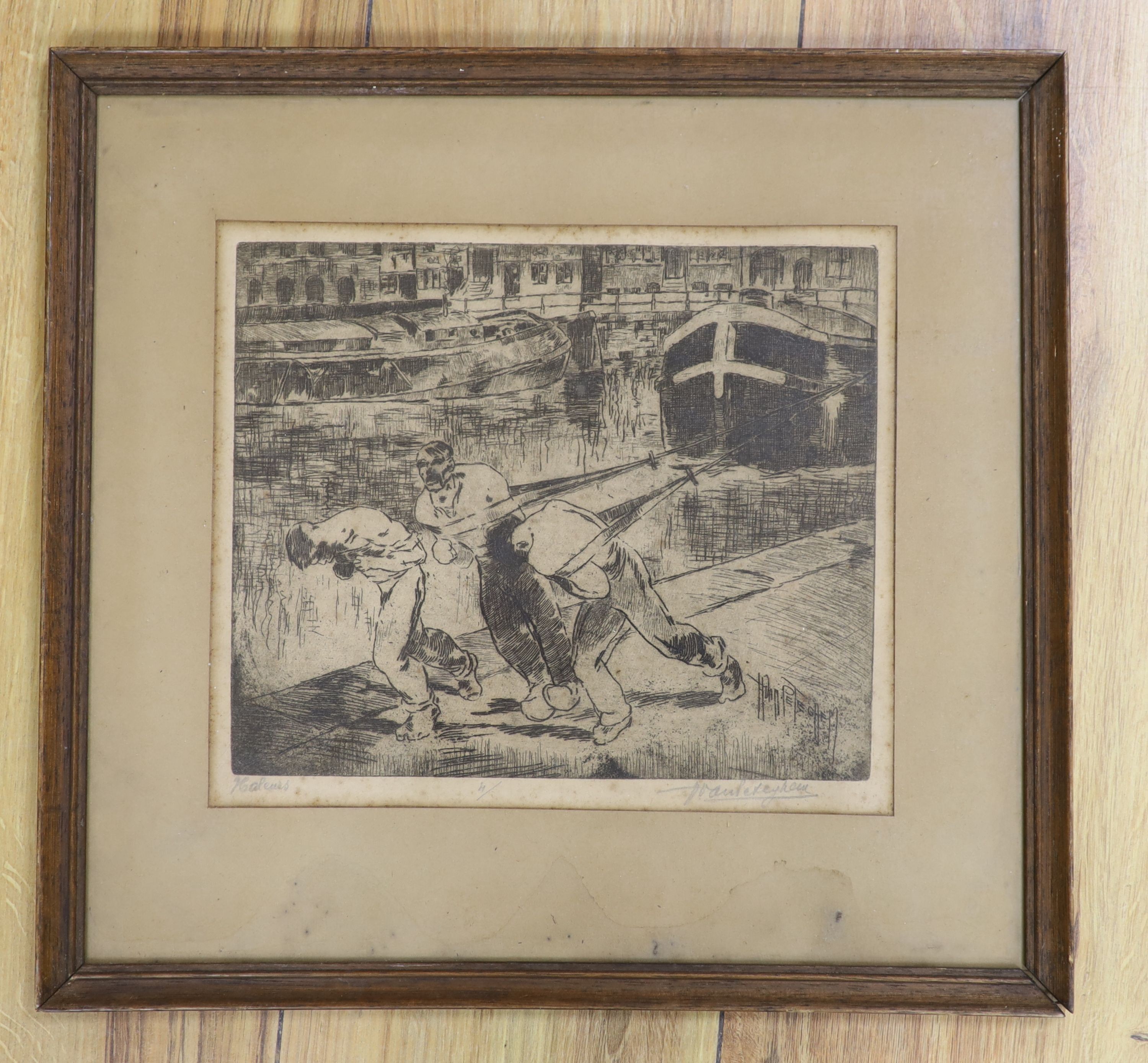 H. Van Peteghem, etching, Bargemen pulling a barge, signed in pencil, 19 x 23cm